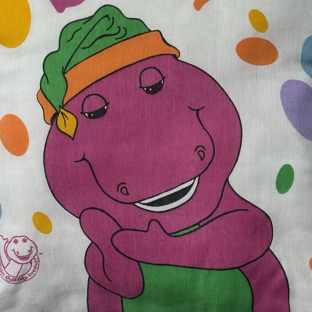 Modified Vintage 1992 Barney The Dinosaur Pillowcase turned into throw pillow